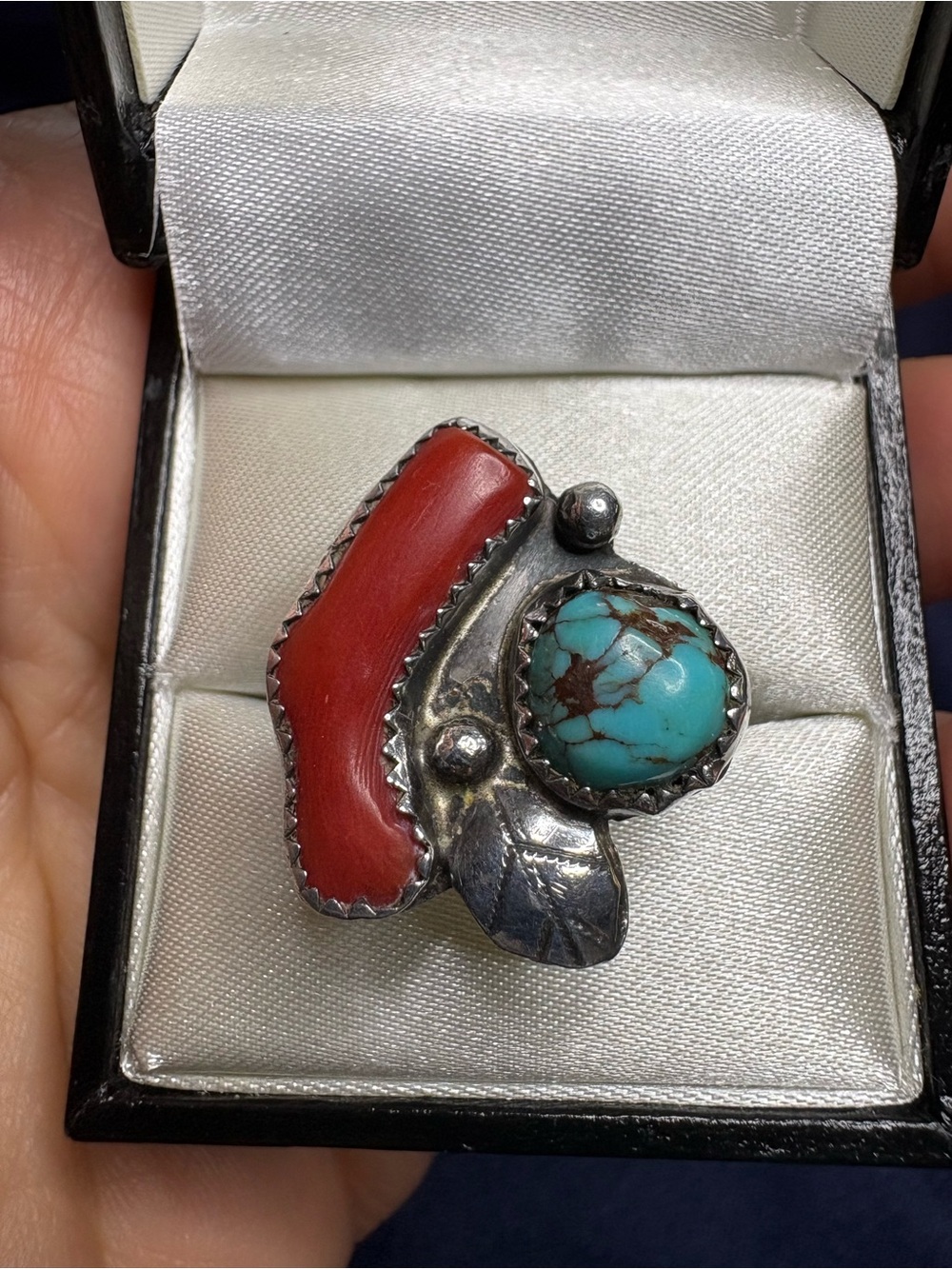 Ring Native American Red Coral & Turquoise Sterling Silver Statement Artisan